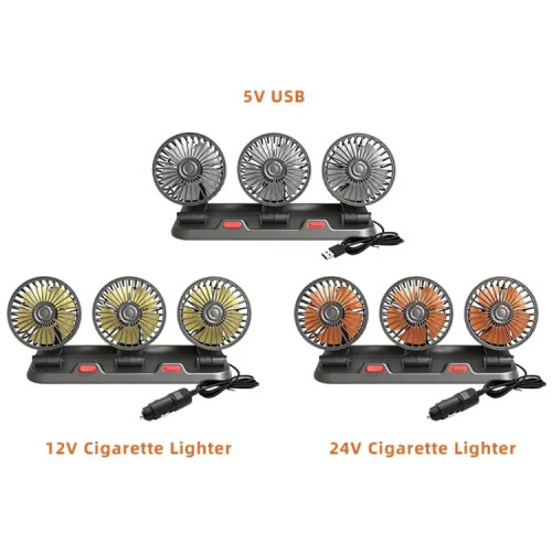 360-Degree Rotating Adjustable Car Three-Head Fan, Style:12V Cigarette Lighter