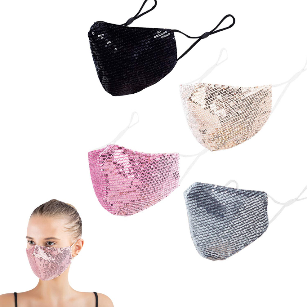 Sequin Face Mask for Women Glitter Face Covering, Reusable Breathable Adjustable Bling Style, 4 Colors