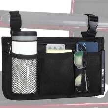 Waterproof Wheelchair Side Bag with Cup Holder and Reflective Stripe, Universal Armrest Organizer for Walker Scooter Wheelchairs Black