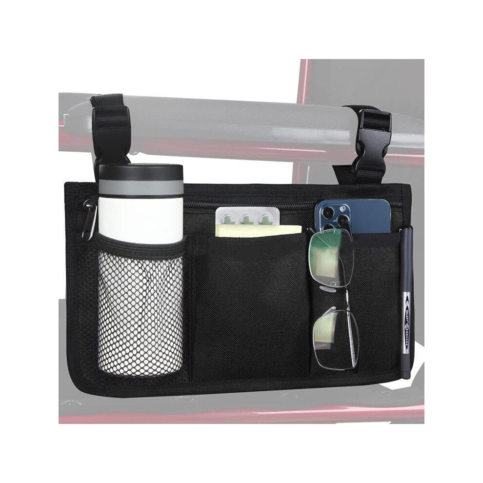 Waterproof Wheelchair Side Bag with Cup Holder and Reflective Stripe, Universal Armrest Organizer for Walker Scooter Wheelchairs Black