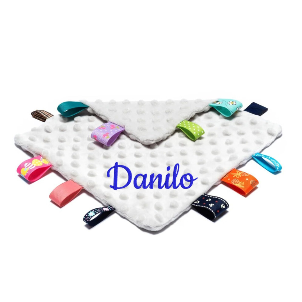 Baby Blanket with Embroidered Name, Soft Taggy Comforter with Colorful Ribbon Tags 25x25cm