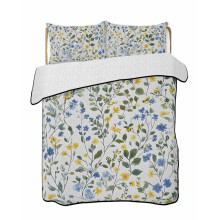 Queen Size Quilt Set Yellow Floral Bedding, Lightweight Bedspread All Season Soft Cotton Blend with 2 Pillowcases