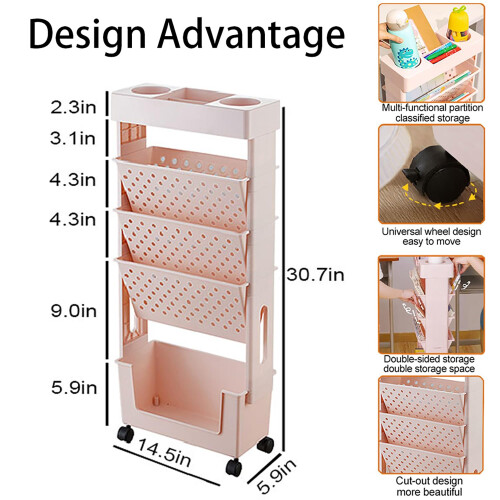 5 Tier Rolling Bookshelf with Wheels, Compact Mobile Storage Rack for Home Office, White 2