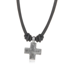 Braided Leather Necklace With Crucifix Pendant Adjustable-Black