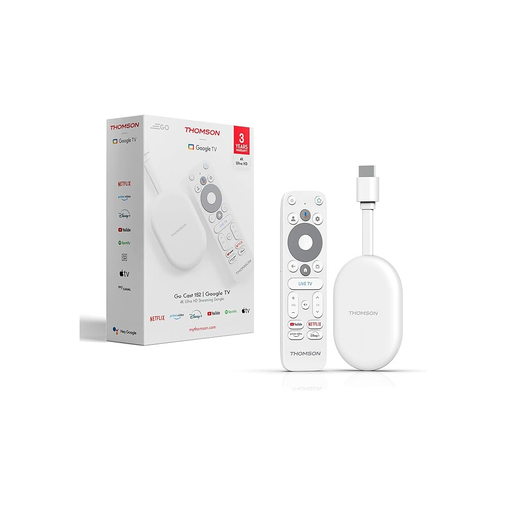 Thomson Go Cast 152 Streaming Dongle, 4K Uhd Google Tv Voice Control, Google Cast, Dolby Atmos, Dolby Digital Hdr10 Portable, 2 Gb Ram, 32 Gb Storage 001237650044