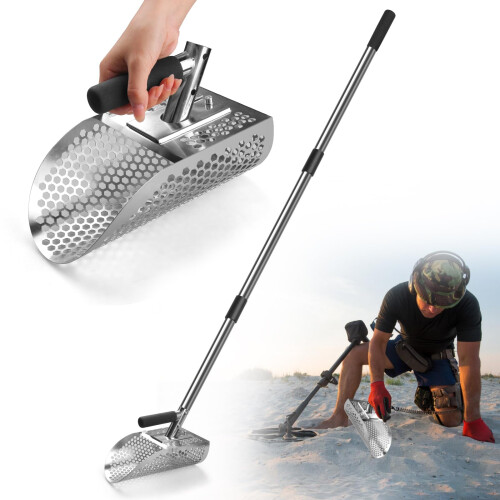 Stainless Steel Metal Detecting Sand Scoop with Adjustable Long Handle, Rustproof Heavy Duty Beach Tool
