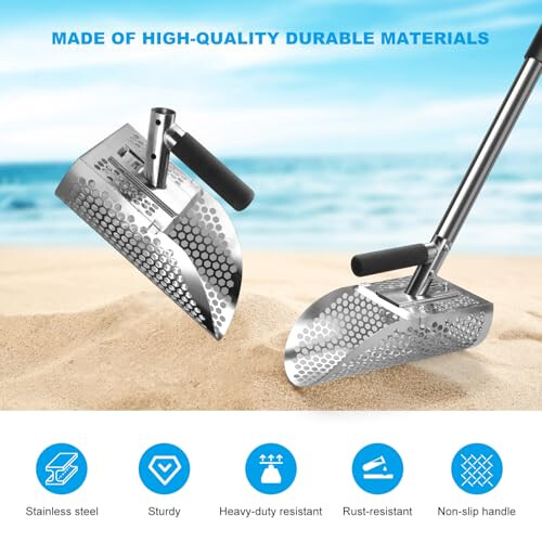 Stainless Steel Metal Detecting Sand Scoop with Adjustable Long Handle, Rustproof Heavy Duty Beach Tool 1