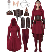 (XX-Large, Burgundy) Renaissance Fairy Costume with Hooded Robe & Lace-Up Dress for Medieval Cosplay & Halloween