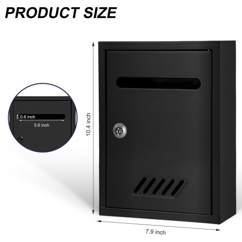 Wall Mounted Locking Mailbox Black Metal Weatherproof Secure Large Capacity for Home and Office 1