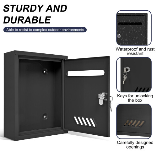 Wall Mounted Locking Mailbox Black Metal Weatherproof Secure Large Capacity for Home and Office 2