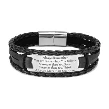 Leren armband voor mannen, roestvrij staal, gegraveerd, gepersonaliseerd ontwerp, gevlochten leer, magnetische sluiting, verstelbare armband voor hem