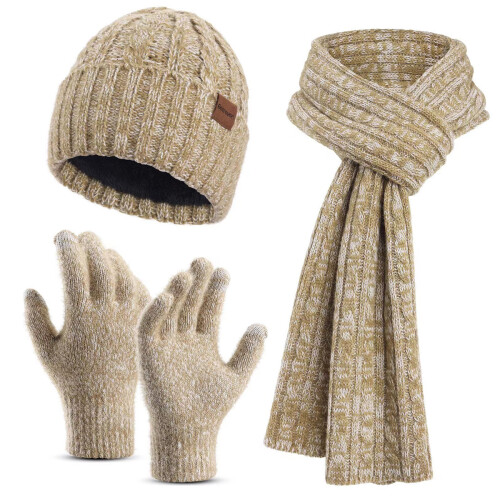Conjunto feminino de inverno com gorro, luvas e cachecol longo em tricô canelado com forro de lã e pompom.
