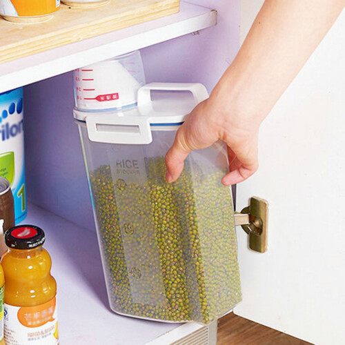 Secchio per riso sigillato e portatile con misurino, contenitore per cereali e altri tipi di cereali. 2
