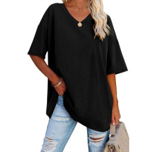T-shirt oversize pour femme à col en V, chemisier basique ample