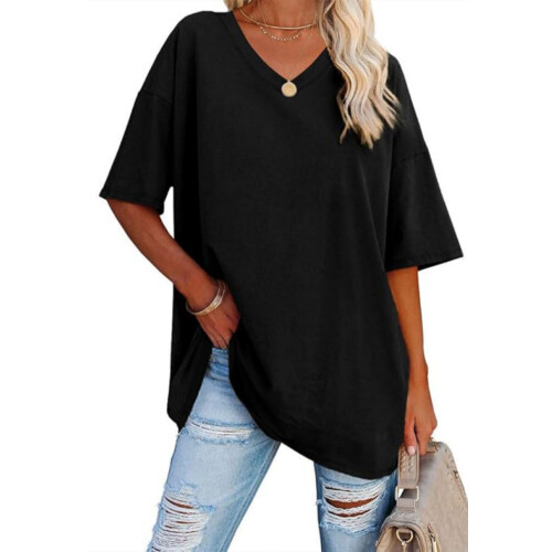 Oversize-T-Shirt für Damen mit V-Ausschnitt, lockere Basic-Bluse