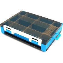 Organizador de aparejos de pesca, tapa transparente y divisores extraíbles, compatible con soluciones de almacenamiento personalizables.