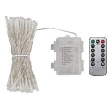 Cordão de luzes LED com intensidade regulável, temporizador e controle remoto a bateria para jardim e varanda.