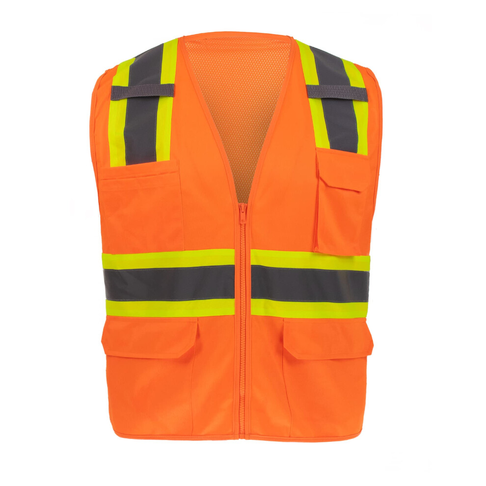 Visibility Safety Vest Class 2 Orange Reflective Work Vest With 10 Pockets For Construction And Traffic Control 9330225328148