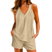 Linen Short Sets Women 2 Piece Outfits Vacation V-Apricot M