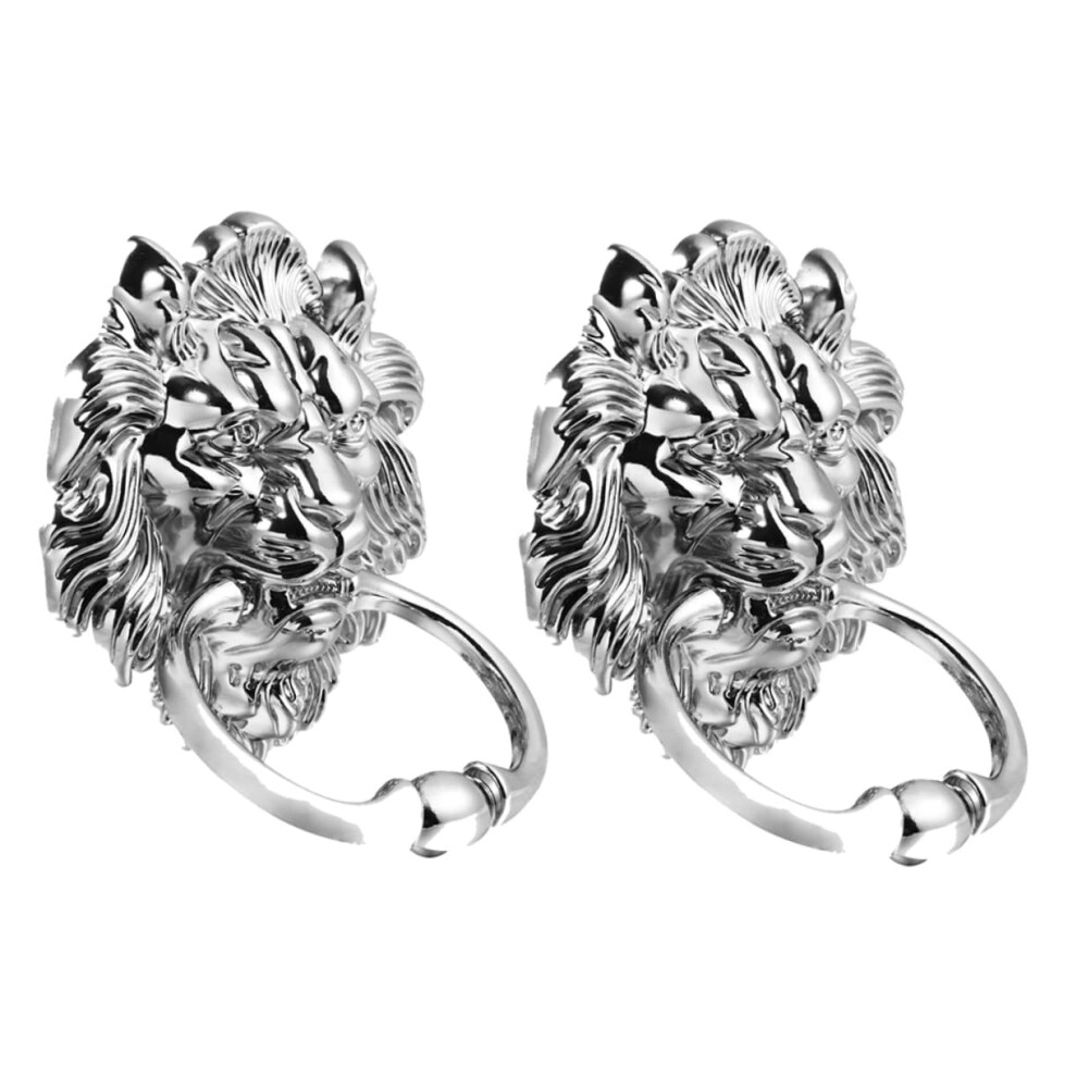 2Pcs Lion Head Door Knocker Zinc Alloy Door Pulls Silver Elegant Lion Design For Home Decor 9073542998228