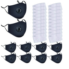 Reusable Face Mask with Breathing Valve and 20 Activated Carbon Filters, Washable Black 10 Pack for Adults