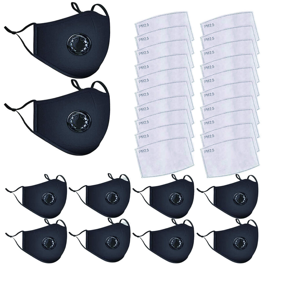 Reusable Face Mask With Breathing Valve And 20 Activated Carbon Filters, Washable Black 10 Pack For Adults 9771547854562