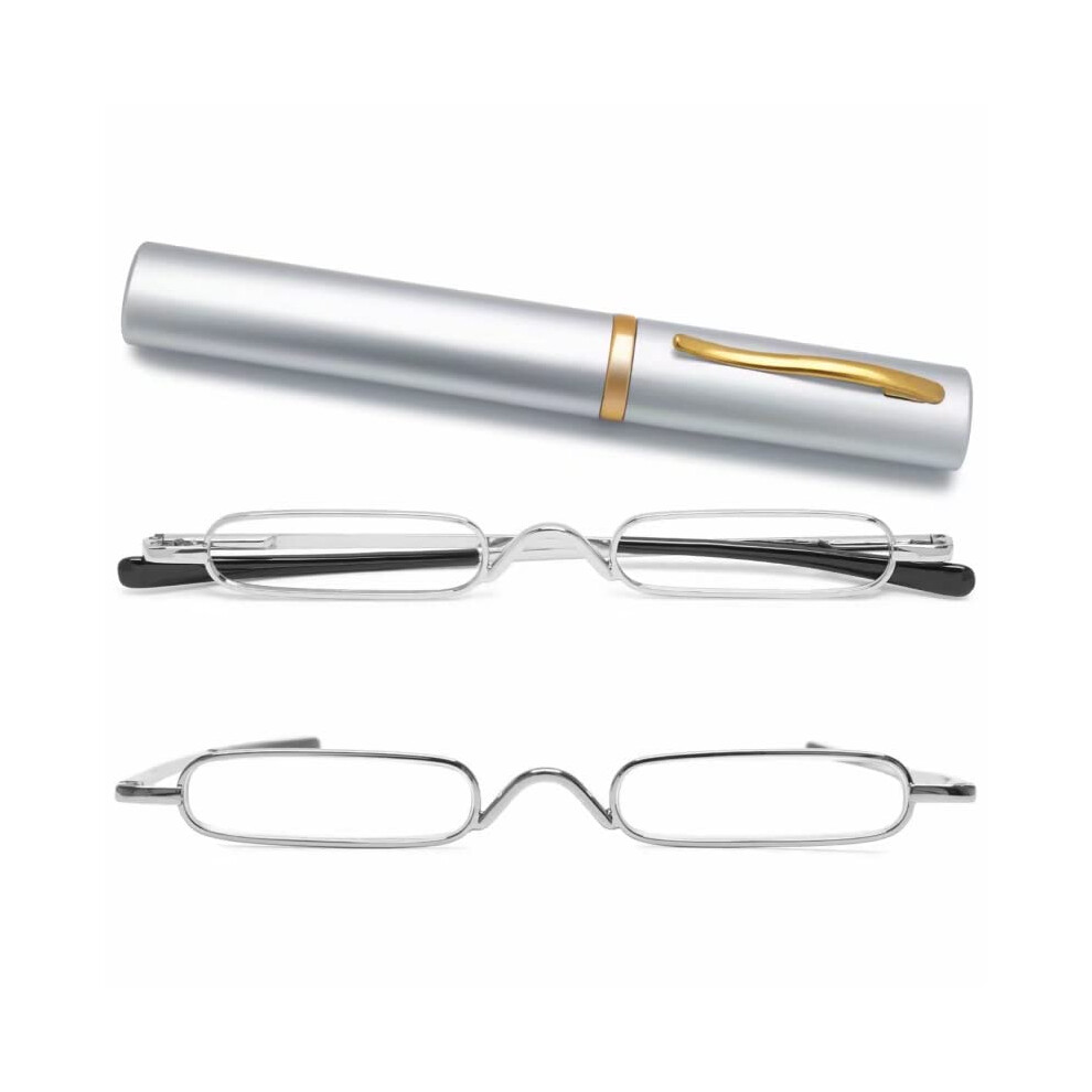 Slim Metal Reading Glasses 2.75x Silver Clear Focus Spring Hinge Comfort with Carry Case