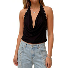 (L, Black) Women Halter Neck Tank Tops Neck Tie Studded Detailing Cowl Neckline Casual Vests Summer Sleeveless Cropped T-Shirts