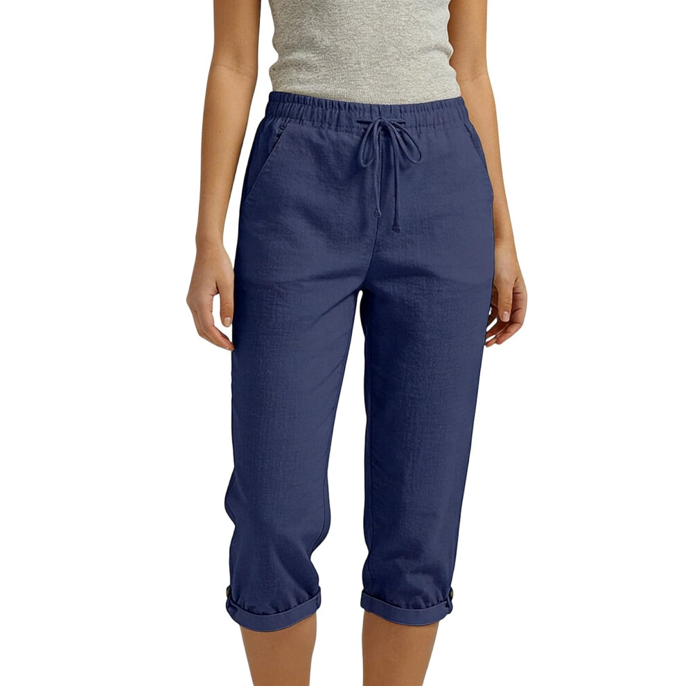 Women's linen pants, pants, vacation pants, elastic-Navy Blue L