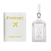 White PU Leather Passport Holder and Luggage Tag Set with Clear ID Window for Secure Travel