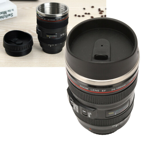 Camera Lens Mug, Black, Stainless Steel, 7.8oz