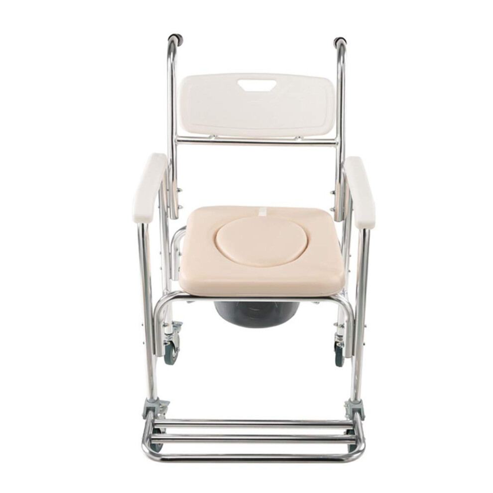 Folding Bedside Commode Wheelchair for Elderly, Adjustable Height Aluminum Bath Chair with Padded Seat and Wheels