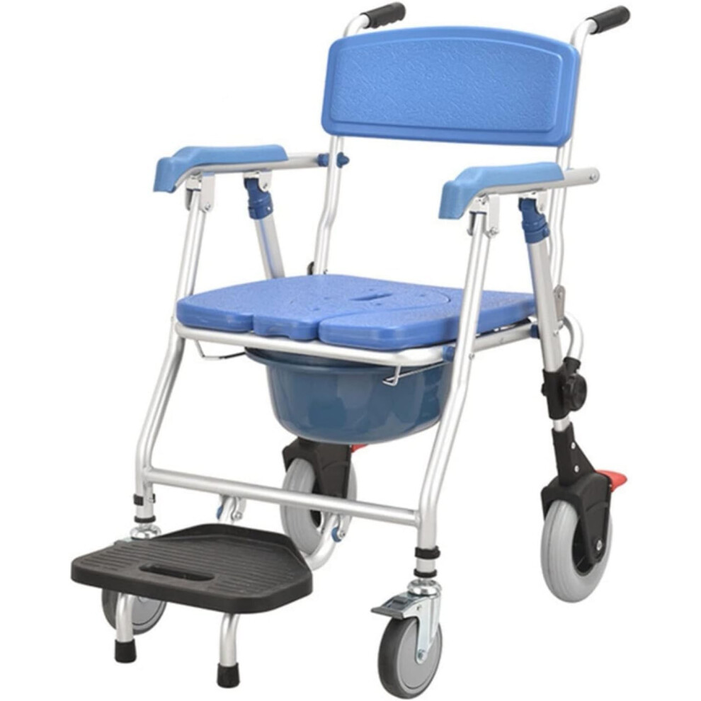 4 in 1 Bedside Commode Chair for Elderly, Foldable Shower Wheelchair with Padded Seat, Detachable Bucket, Waterproof Aluminum Frame