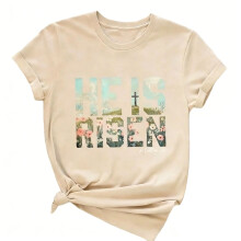 Trendy Crew Neck Cotton Top For Women Christian Easter-Khaki M