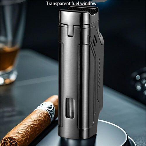 Windproof Triple Flame Cigar Torch Lighter with Builtin Cutter and Fuel Indicator Refillable Butane 1
