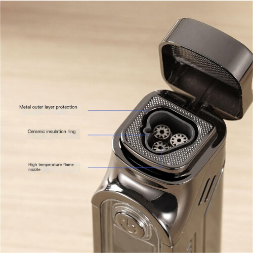 Windproof Triple Flame Cigar Torch Lighter with Builtin Cutter and Fuel Indicator Refillable Butane 2