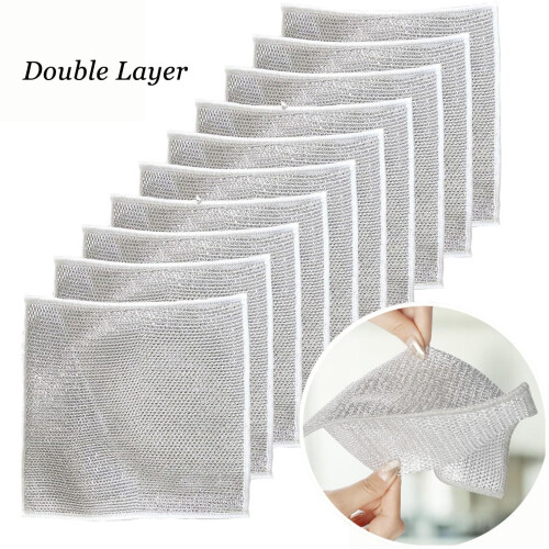 Non Scratch Dishcloths 10PCS Double Layer Wire Mesh Microfiber Nylon Kitchen Scrubbing Cloths Reusable Fast Drying Cleaning Rags 1