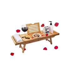 Expandable Wooden Bathtub Tray Caddy for Wine Book and Towels, Adjustable Bath Organizer with Natural Wood Finish