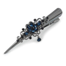Large Midnight Blue Crystal Flower Beak Hair Clip with Gunmetal Finish and Secure Hold Design