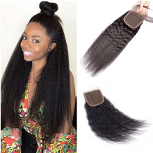 Brazilian Kinky Straight Lace Closure 4x4 Virgin Human Hair Pre Plucked with Baby Hair Natural Look 16inch