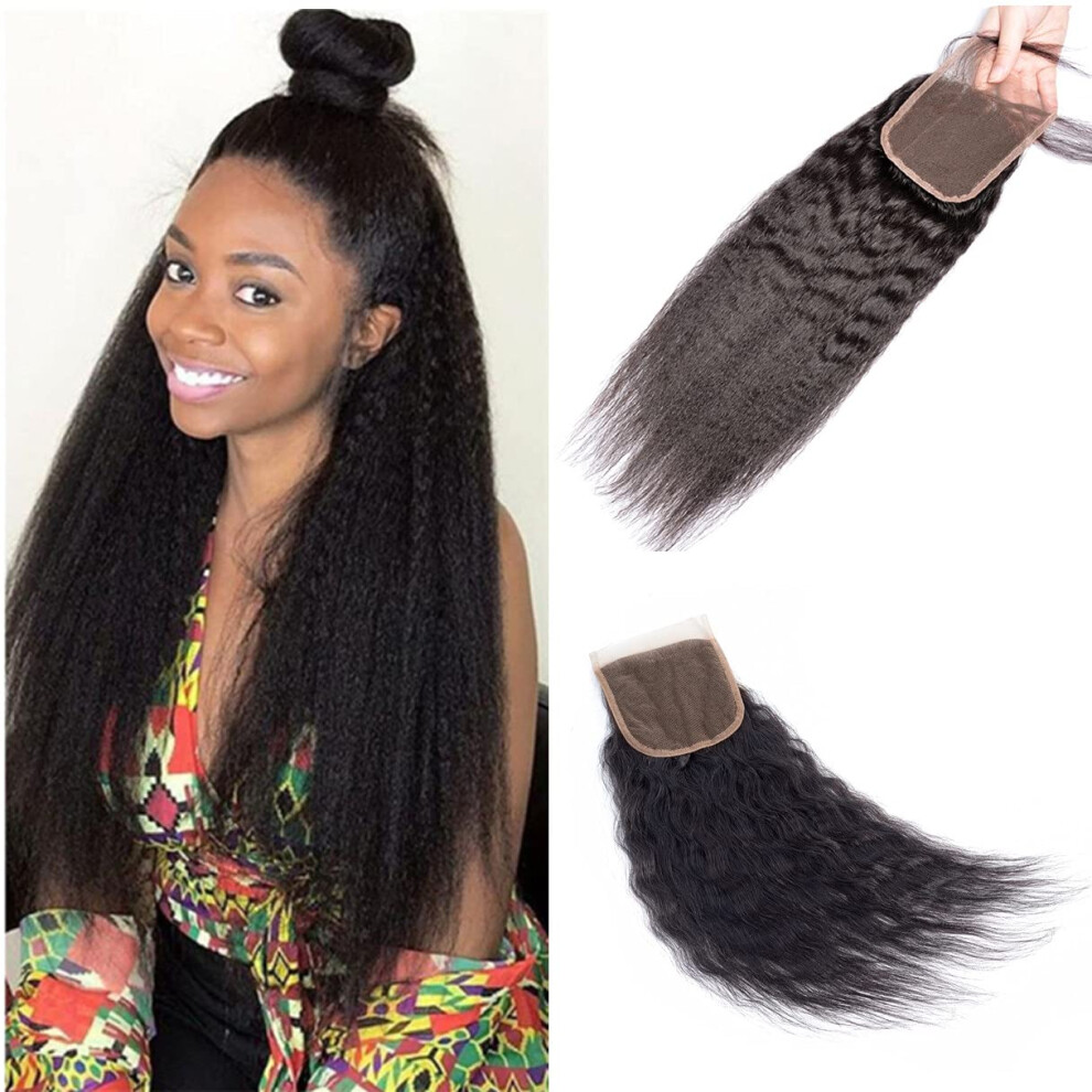 Unisex Brazilian Kinky Straight Lace Closure 4X4 Virgin Human Hair Pre Plucked With Baby Hair Natural Look 16Inch