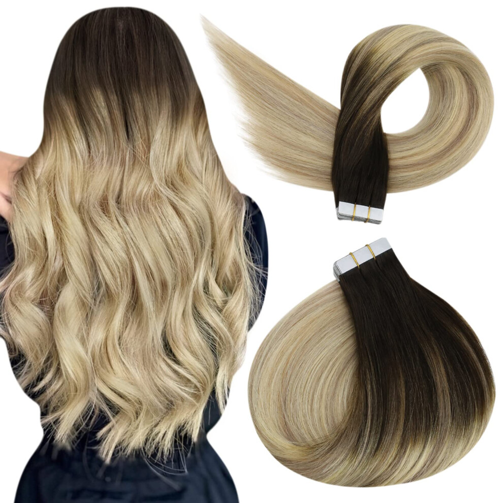 Unisex Brown Balayage Tape In Hair Extensions Human Hair Dark To Blonde Ombre 12 Inch 20Pcs