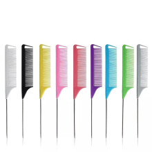 Rat Tail Comb for Parting and Braiding, Fine Tooth Styling Comb with Steel Handle, Light Pink