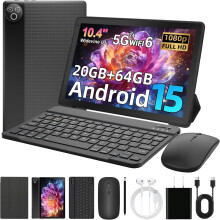 Android 15 Tablet 10.4 Inch with Keyboard Pen Case Mouse Earphones 20GB RAM 64GB Storage 1TB Expandable WiFi 6 Bluetooth 5.4 Dual Camera