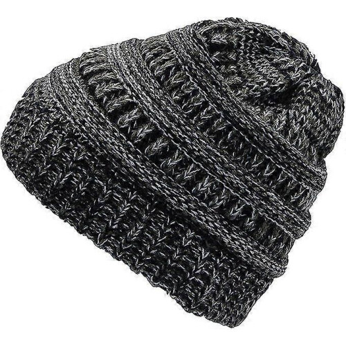 (Black White) Ladies Knitted Winter Hat With Hole For Ponytail 1
