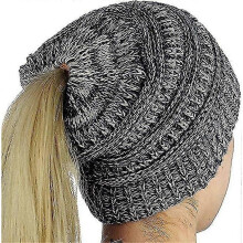 (Black White) Ladies Knitted Winter Hat With Hole For Ponytail