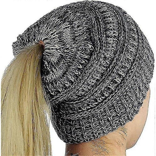 (Black White) Ladies Knitted Winter Hat With Hole For Ponytail