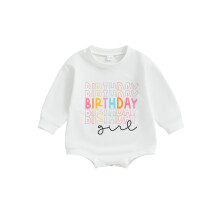 (12-18 Months, White) Romper Breithlá Cailín le Muinchille Fada agus Prionta Litreacha do Chailíní Beaga