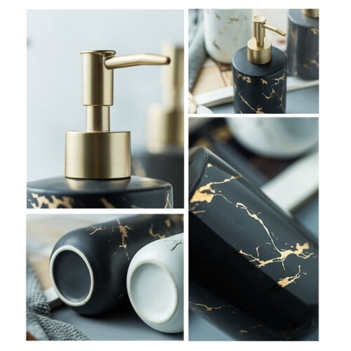 White Marble Pattern Ceramic Soap Dispenser for Bathroom Sink, Refillable Bottle with Smooth Pump 2