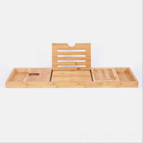 Expandable Bamboo Bathtub Caddy Tray with Wine and Book Holder, Adjustable Multi‑Function Organizer 1